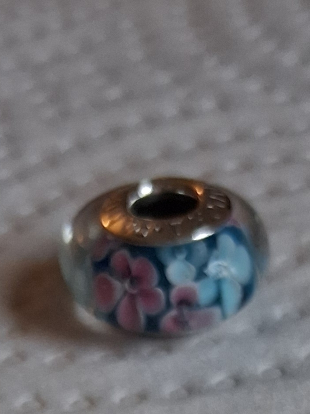 Pandora Blue Floral Murano Charm Bead with Pink Accents